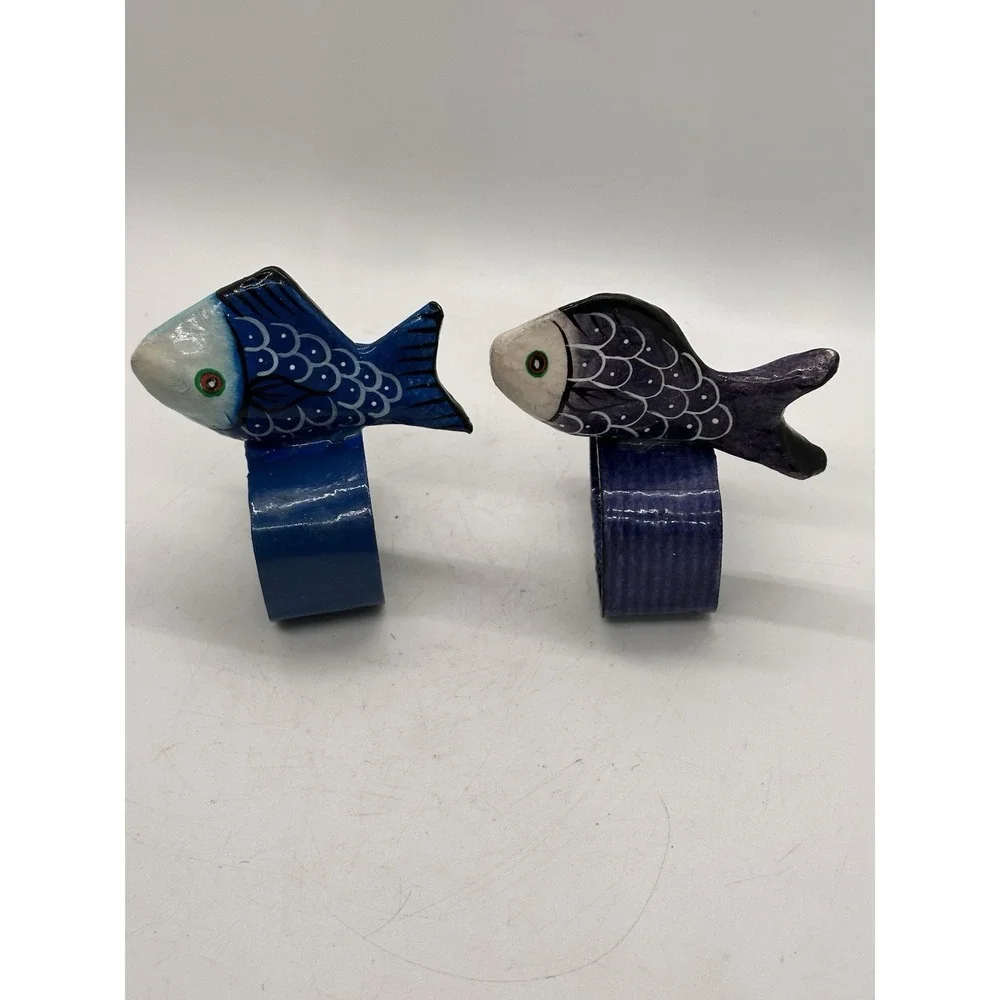 Pair Hand‎ Painted Papier Mache Fish Napkin Rings Coastal Nautical Decor